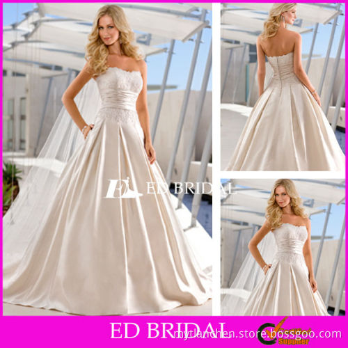 Pocket Wedding Dress Champagne A Line Court Train Slight Curve Lace Appliqued Bridal Gowns with Wide Belt